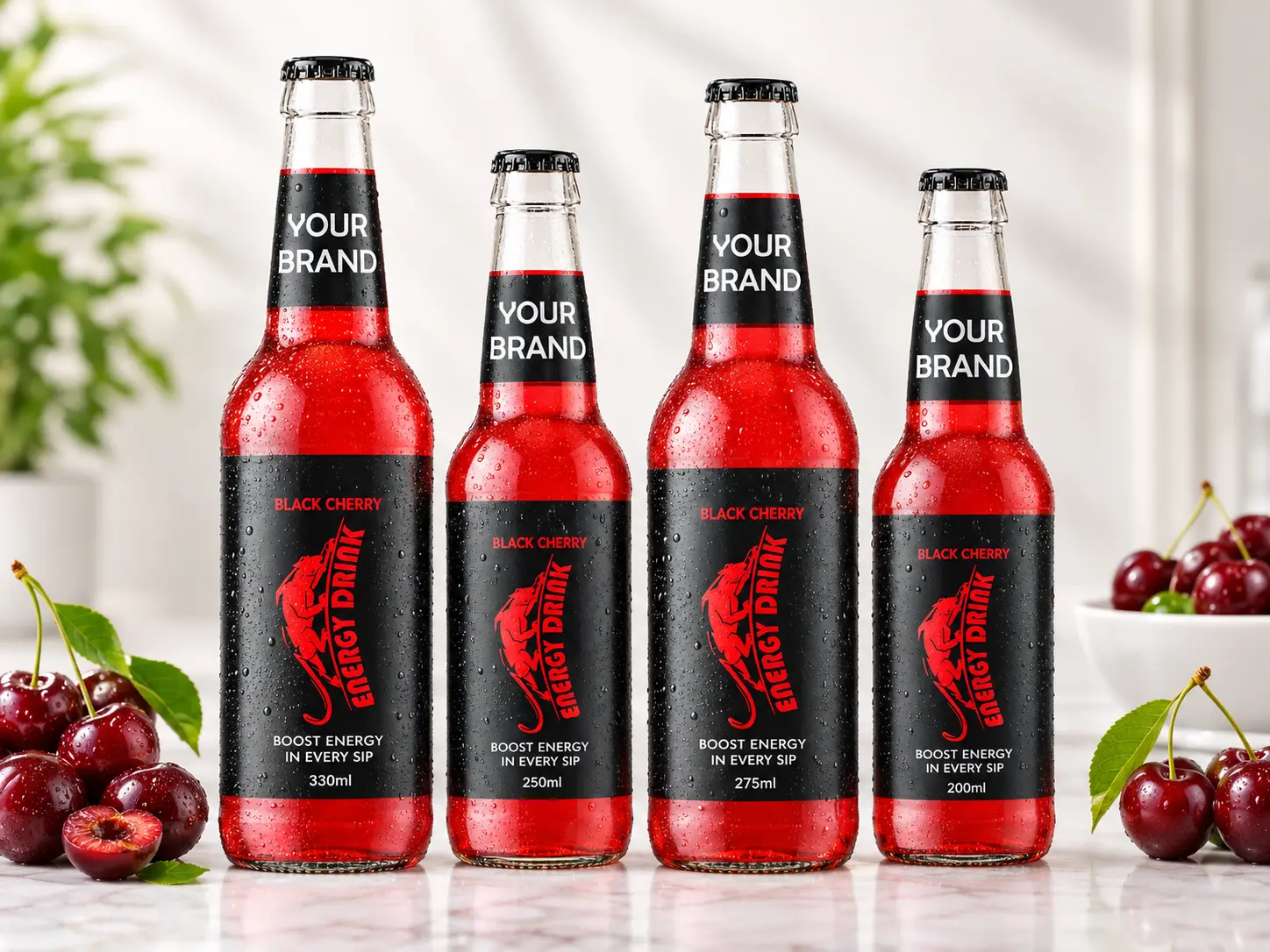 ENERGY DRINK Black Cherry flavour in 330ml, 250ml, 275ml and 200ml glass bottles.